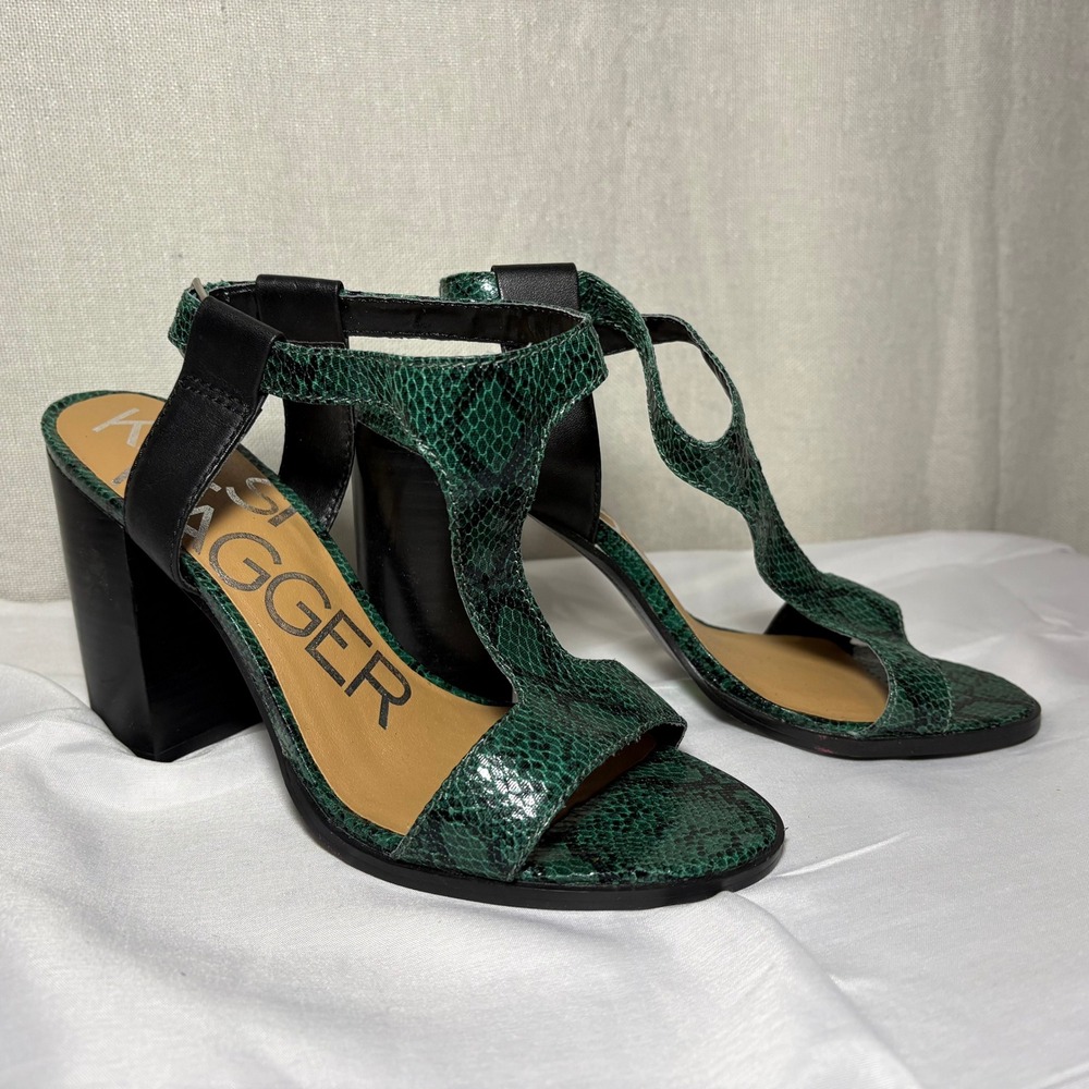 Green Snake-Print T-Strap Block Heel Sandals